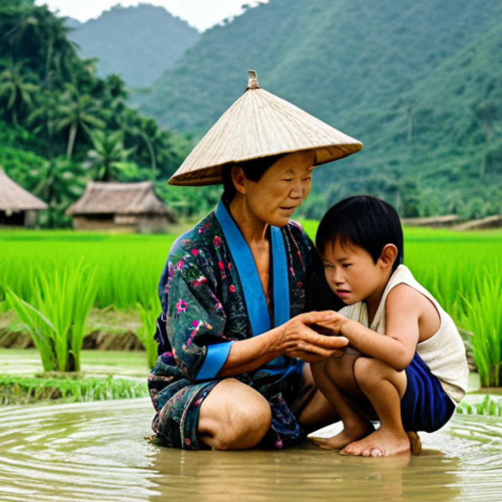 **Image Prompt:** A vibrant scene depicting Vietnamese villagers sharing traditional ecological knowledge. Focus on an elder woman teaching a younger generation about weather prediction using plants and animals. Include lush rice paddies in the background and a traditional Vietnamese village setting. The style should evoke a sense of heritage and connection to nature.
