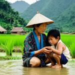 **Image Prompt:** A vibrant scene depicting Vietnamese villagers sharing traditional ecological knowledge. Focus on an elder woman teaching a younger generation about weather prediction using plants and animals. Include lush rice paddies in the background and a traditional Vietnamese village setting. The style should evoke a sense of heritage and connection to nature.