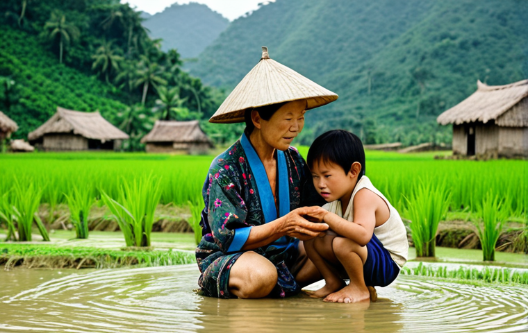 **Image Prompt:** A vibrant scene depicting Vietnamese villagers sharing traditional ecological knowledge. Focus on an elder woman teaching a younger generation about weather prediction using plants and animals. Include lush rice paddies in the background and a traditional Vietnamese village setting. The style should evoke a sense of heritage and connection to nature.
