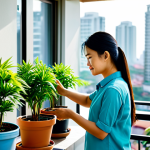 A professional Vietnamese woman in a modest, modern casual outfit, gently watering a vibrant potted plant on a sunlit apartment balcony garden. The background features a clean, soft-focus urban skyline with subtle hints of modern Vietnamese architecture. The scene conveys peace and connection with nature. fully clothed, appropriate attire, safe for work, appropriate content, perfect anatomy, correct proportions, well-formed hands, proper finger count, natural pose, professional photography, high quality, family-friendly.