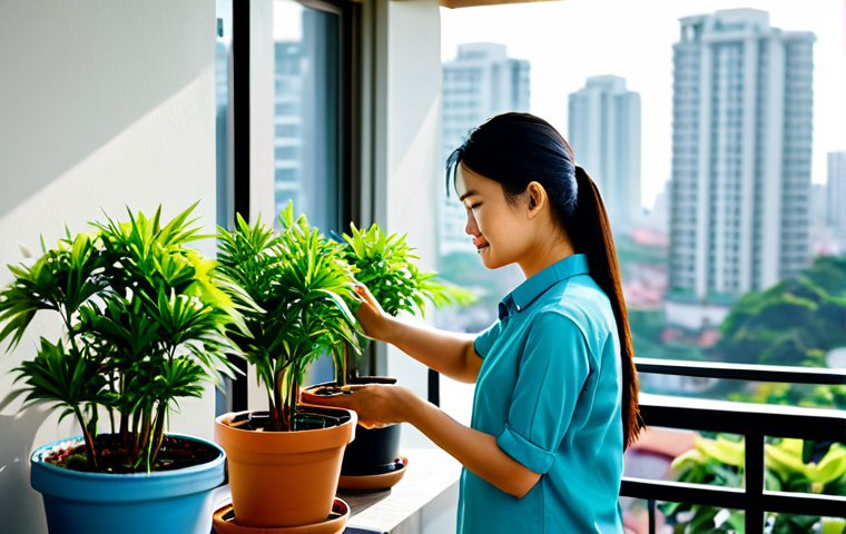 A professional Vietnamese woman in a modest, modern casual outfit, gently watering a vibrant potted plant on a sunlit apartment balcony garden. The background features a clean, soft-focus urban skyline with subtle hints of modern Vietnamese architecture. The scene conveys peace and connection with nature. fully clothed, appropriate attire, safe for work, appropriate content, perfect anatomy, correct proportions, well-formed hands, proper finger count, natural pose, professional photography, high quality, family-friendly.