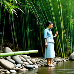 A Vietnamese woman, fully clothed in modest, professional attire, stands thoughtfully beside a cluster of resilient bamboo stalks that gracefully bend with a gentle breeze, yet remain unbroken. The bamboo grows near the edge of a flowing stream that navigates around large, smooth stones. The scene is set in a lush, verdant natural landscape with soft sunlight filtering through the canopy. The woman observes the scene, symbolizing adaptability and strength. High quality, professional photography, realistic, safe for work, appropriate content, fully clothed, professional, perfect anatomy, correct proportions, natural pose, well-formed hands, proper finger count, natural body proportions, family-friendly.