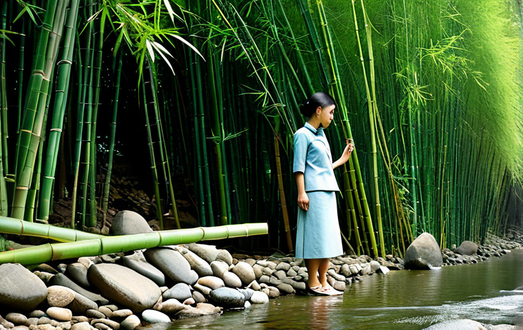 A Vietnamese woman, fully clothed in modest, professional attire, stands thoughtfully beside a cluster of resilient bamboo stalks that gracefully bend with a gentle breeze, yet remain unbroken. The bamboo grows near the edge of a flowing stream that navigates around large, smooth stones. The scene is set in a lush, verdant natural landscape with soft sunlight filtering through the canopy. The woman observes the scene, symbolizing adaptability and strength. High quality, professional photography, realistic, safe for work, appropriate content, fully clothed, professional, perfect anatomy, correct proportions, natural pose, well-formed hands, proper finger count, natural body proportions, family-friendly.