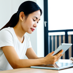 A young adult Vietnamese woman, early 30s, with a thoughtful expression, seated comfortably at a modern wooden desk in a bright, contemporary apartment living room in Ho Chi Minh City. She is looking intently at a tablet screen, which subtly displays graphics related to sustainable gardening or a community forum. A small potted herb plant is visible on the desk. Professional photography, soft natural lighting, high resolution, vibrant colors, safe for work, appropriate content, fully clothed, modest clothing, family-friendly, perfect anatomy, correct proportions, natural pose, well-formed hands, proper finger count, natural body proportions, high quality.