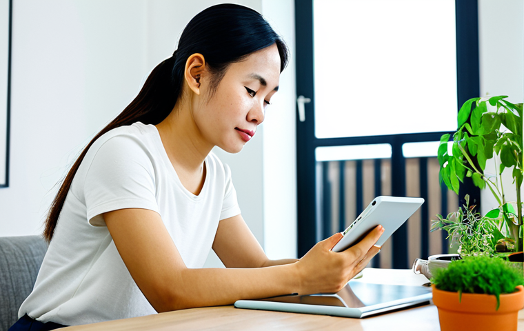 A young adult Vietnamese woman, early 30s, with a thoughtful expression, seated comfortably at a modern wooden desk in a bright, contemporary apartment living room in Ho Chi Minh City. She is looking intently at a tablet screen, which subtly displays graphics related to sustainable gardening or a community forum. A small potted herb plant is visible on the desk. Professional photography, soft natural lighting, high resolution, vibrant colors, safe for work, appropriate content, fully clothed, modest clothing, family-friendly, perfect anatomy, correct proportions, natural pose, well-formed hands, proper finger count, natural body proportions, high quality.
