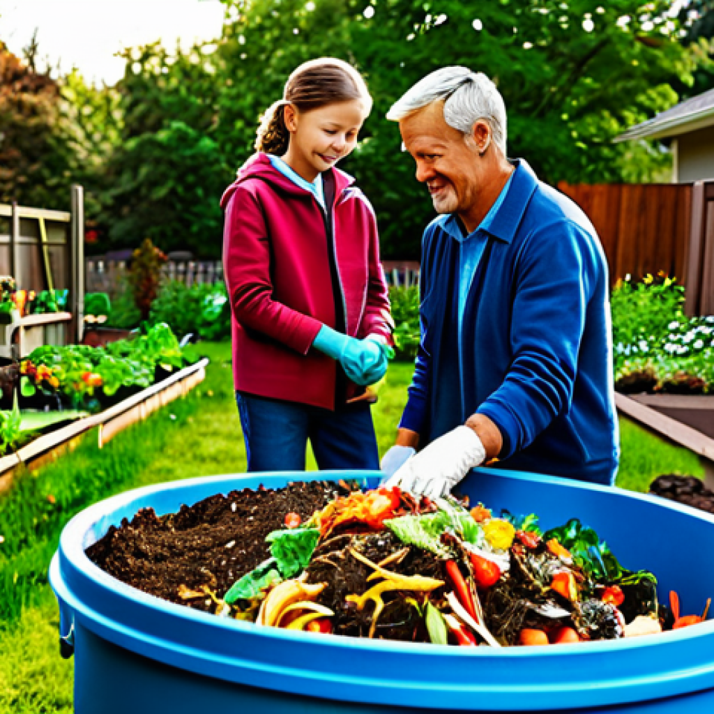 생태 지혜와 음식물 쓰레기 줄이기 - **
"A family collaboratively composting food scraps in their garden, fully clothed, appropriate att...