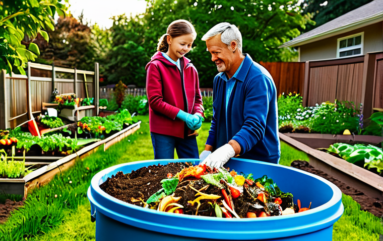 생태 지혜와 음식물 쓰레기 줄이기 - **

"A family collaboratively composting food scraps in their garden, fully clothed, appropriate att...