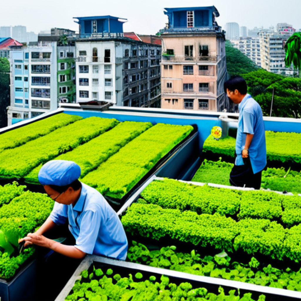 생태 지혜와 과학의 융합 - **
"Urban ecosystem in Hanoi, Vietnam, showcasing rooftop gardens and green walls on traditional tu...