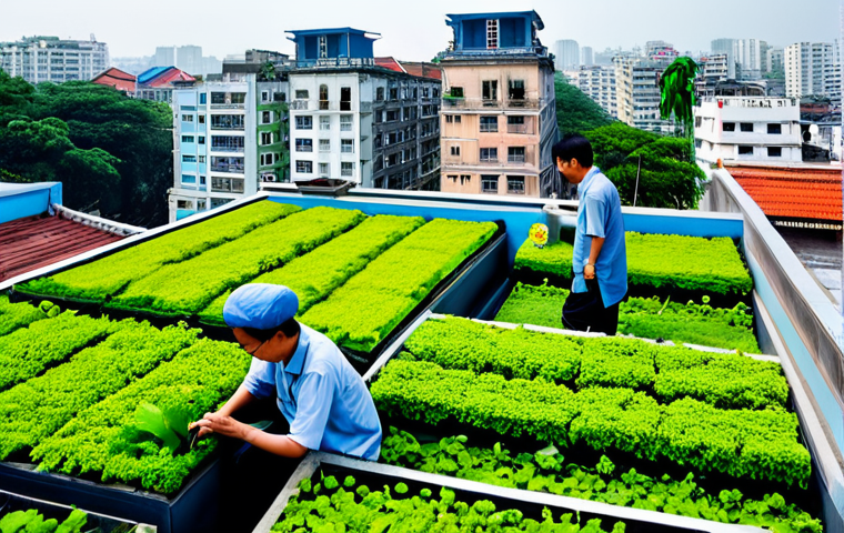 생태 지혜와 과학의 융합 - **

"Urban ecosystem in Hanoi, Vietnam, showcasing rooftop gardens and green walls on traditional tu...