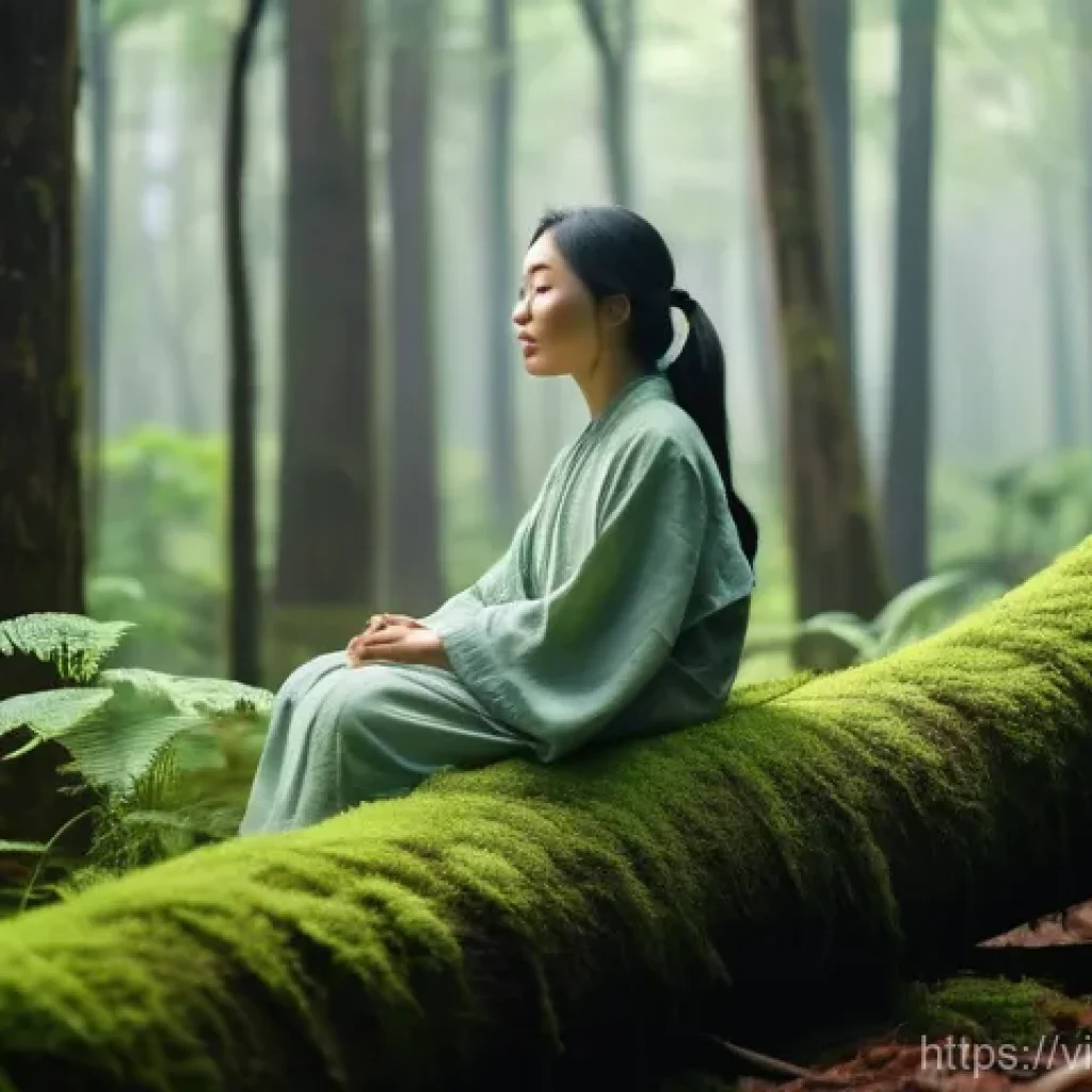 생태 지혜와 평화의 관계 - **Prompt:** A serene young Vietnamese woman, dressed in comfortable, modest linen clothing, practice...