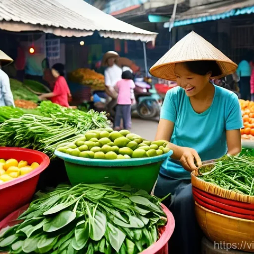 지역 농산물을 활용한 요리법 - **A Vibrant Vietnamese Local Market Scene:**
A bustling, lively traditional Vietnamese local mar...