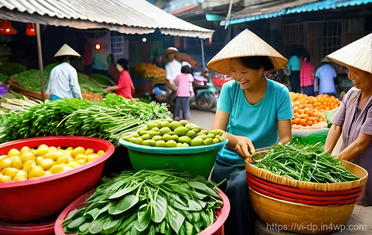 지역 농산물을 활용한 요리법 - **A Vibrant Vietnamese Local Market Scene:**
A bustling, lively traditional Vietnamese local mar...
