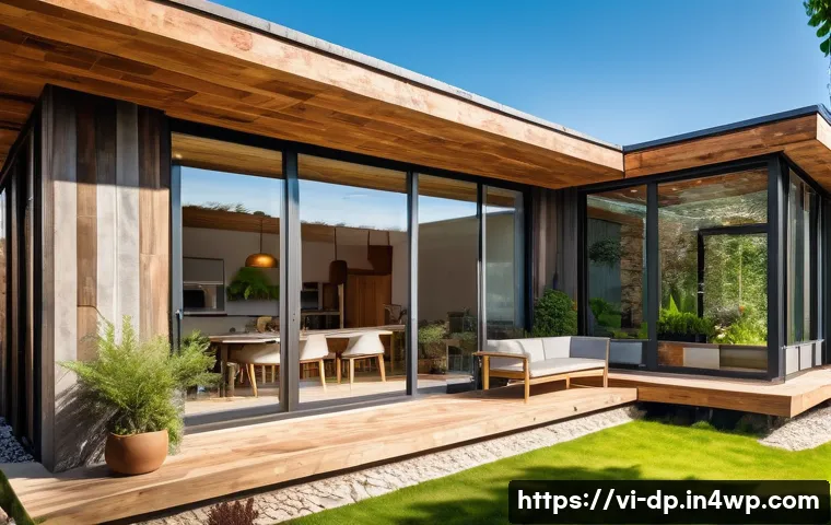 생태 지혜를 활용한 생활 혁신 - A sustainable eco-friendly house exterior featuring natural and recycled materials such as reclaimed...