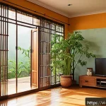 Home 18 생태 지혜 실천 가이드 - A cozy Vietnamese family home interior during daytime showing energy-saving habits: a family member ...