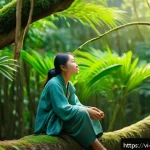 Home 23 생태 지혜와 자아 발견 여행 - A serene Vietnamese forest scene during early morning, sunlight softly filtering through lush green ...
