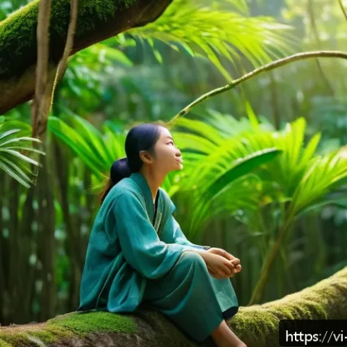 Home 17 생태 지혜와 자아 발견 여행 - A serene Vietnamese forest scene during early morning, sunlight softly filtering through lush green ...