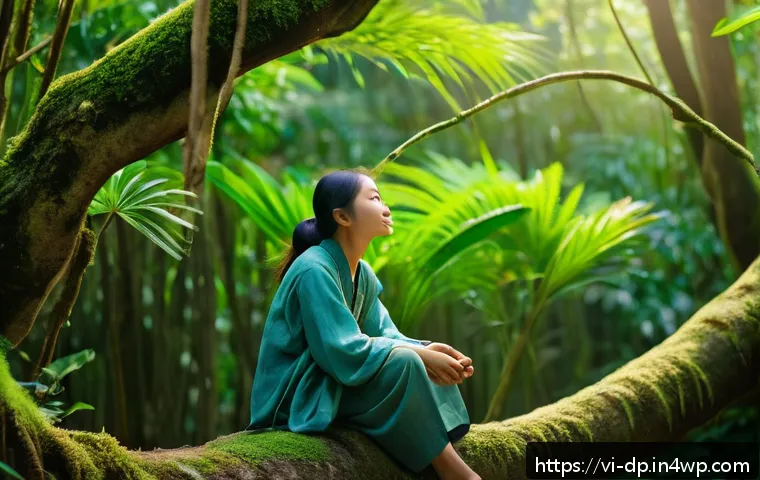 생태 지혜와 자아 발견 여행 - A serene Vietnamese forest scene during early morning, sunlight softly filtering through lush green ...