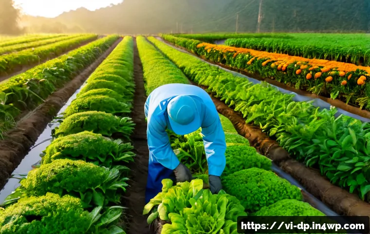 Home 17 생태 지혜를 통한 식품 안전 관리 - Photorealistic Vietnamese small-scale organic vegetable farm at sunrise, a middle-aged farmer in pra...